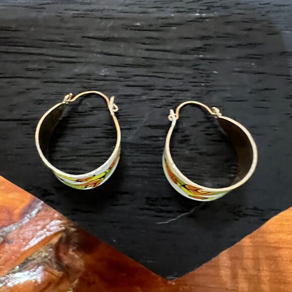 Vintage Set 1970's LadyBug Earrings Thin Metal Small Hoop Art Deco Style - Picture 5 of 8